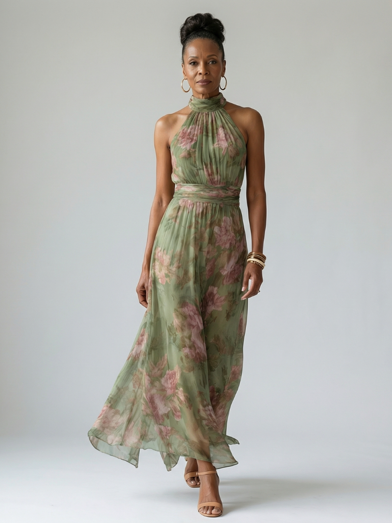 Mirelle Midi Dress with Halter Neckline and Ruched Detail