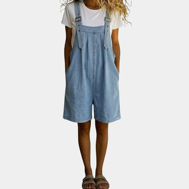 Clara | Vintage Washed Soft Cotton Feel Denim Short Overall - Light Blue