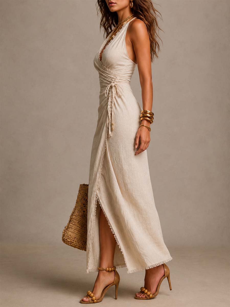 Ainomaria | Natural Linen Midi Dress with Crisscross Neckline and Lace