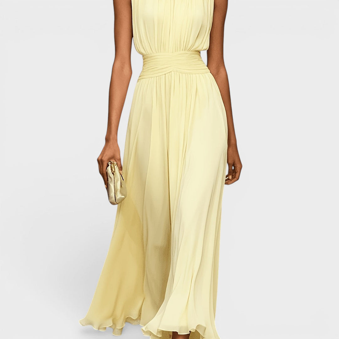 Maelle Chiffon Dress with Draped Waist and Fluid Elegance