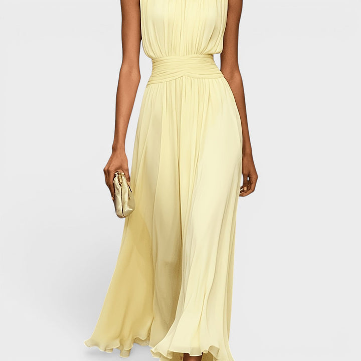 Maelle Chiffon Dress with Draped Waist and Fluid Elegance