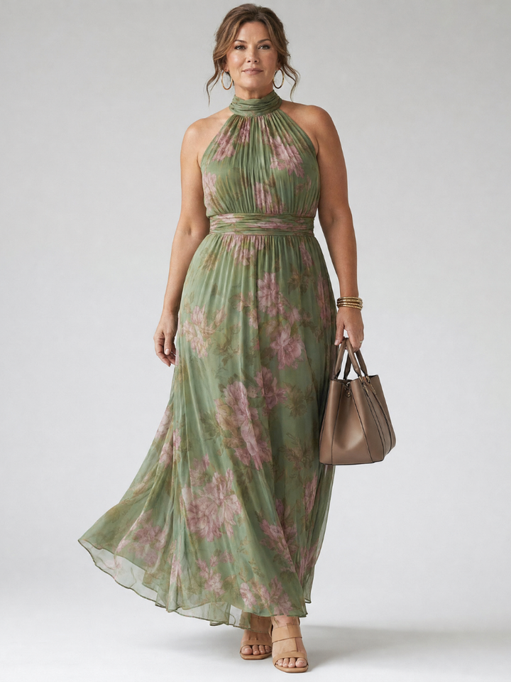 Mirelle Midi Dress with Halter Neckline and Ruched Detail