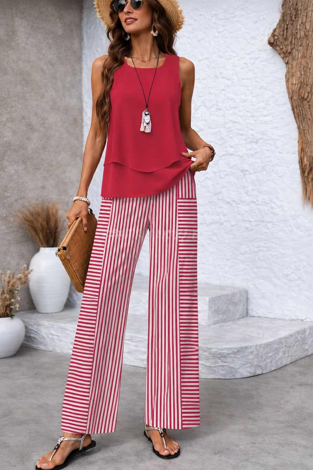 Ramona™ | Pink Combination Sleeveless Top and Striped Pants