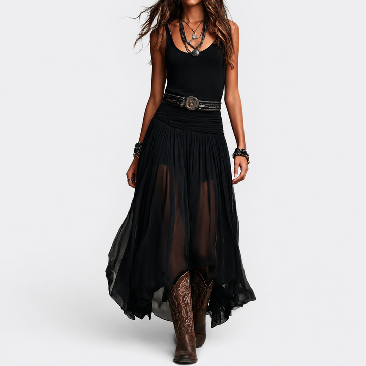 Odetta – Maxi Dress Combining Tulle and Belt