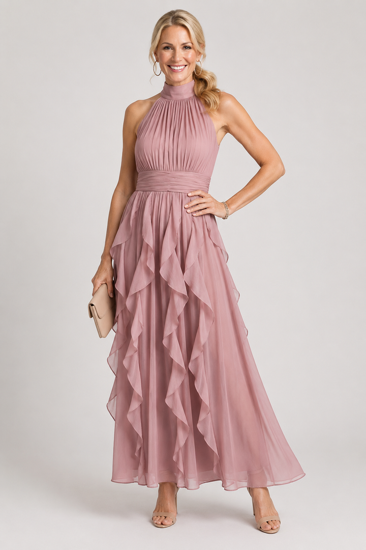 Orea Maxi Dress with High Neck and Layered Ruffles