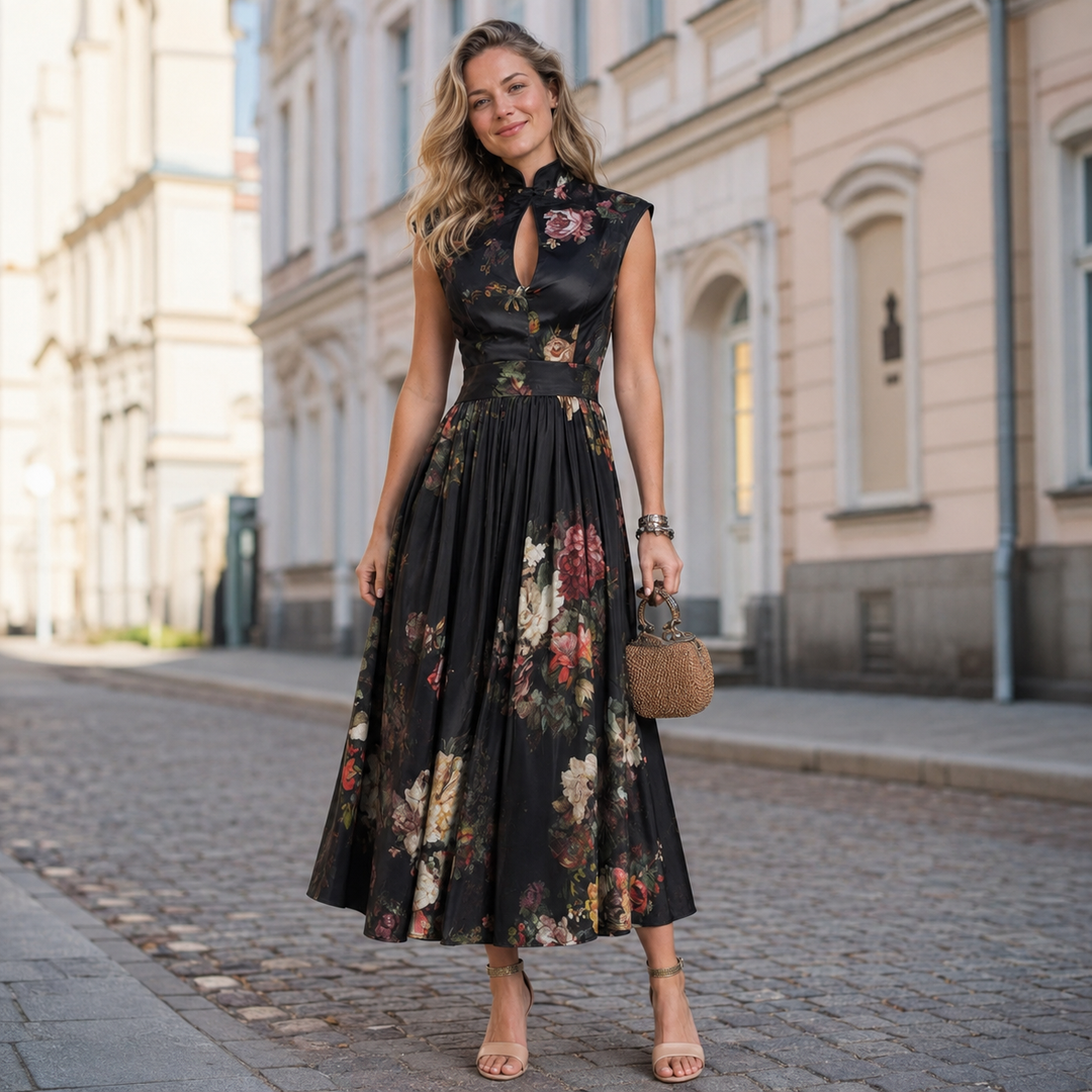 Elsa - Pleated Midi Dress with Floral Pattern