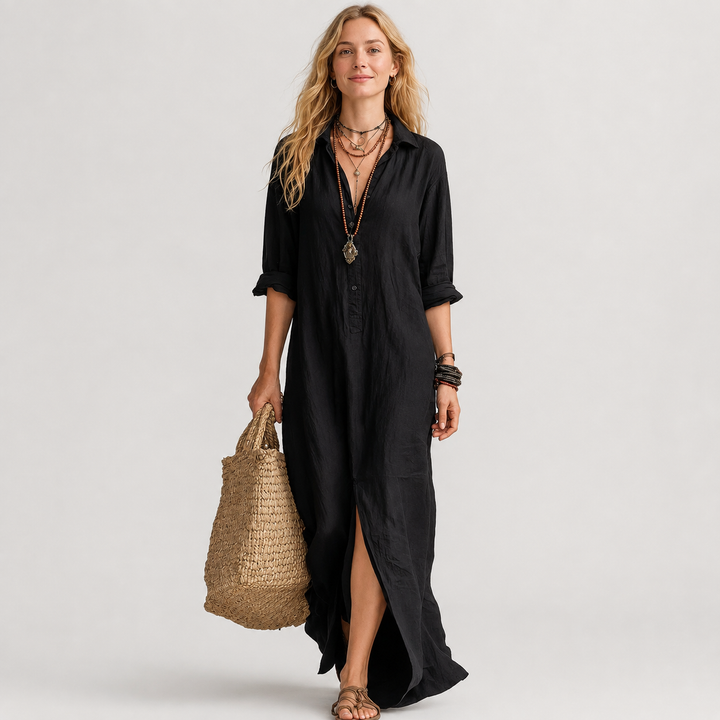 Anni – Loose Black Maxi Dress with Buttons