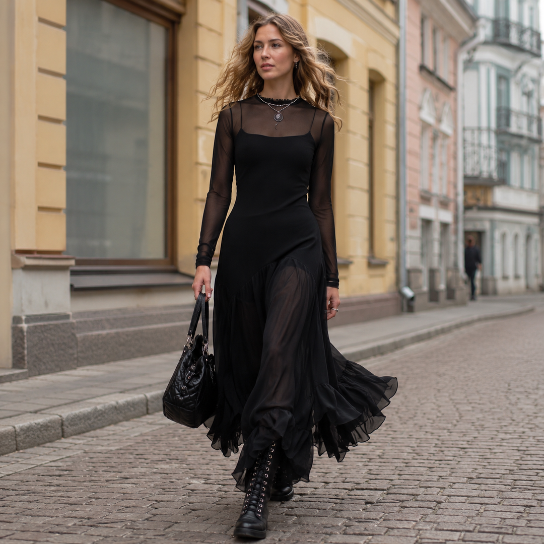 Venla - Loose Black Tulle Maxi Dress