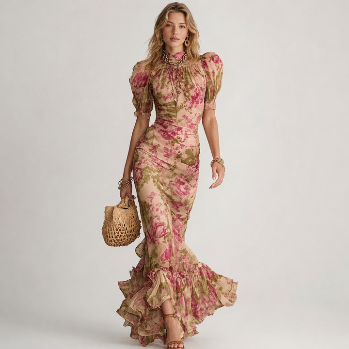Laura - Fitted Long Dress with Floral Pattern