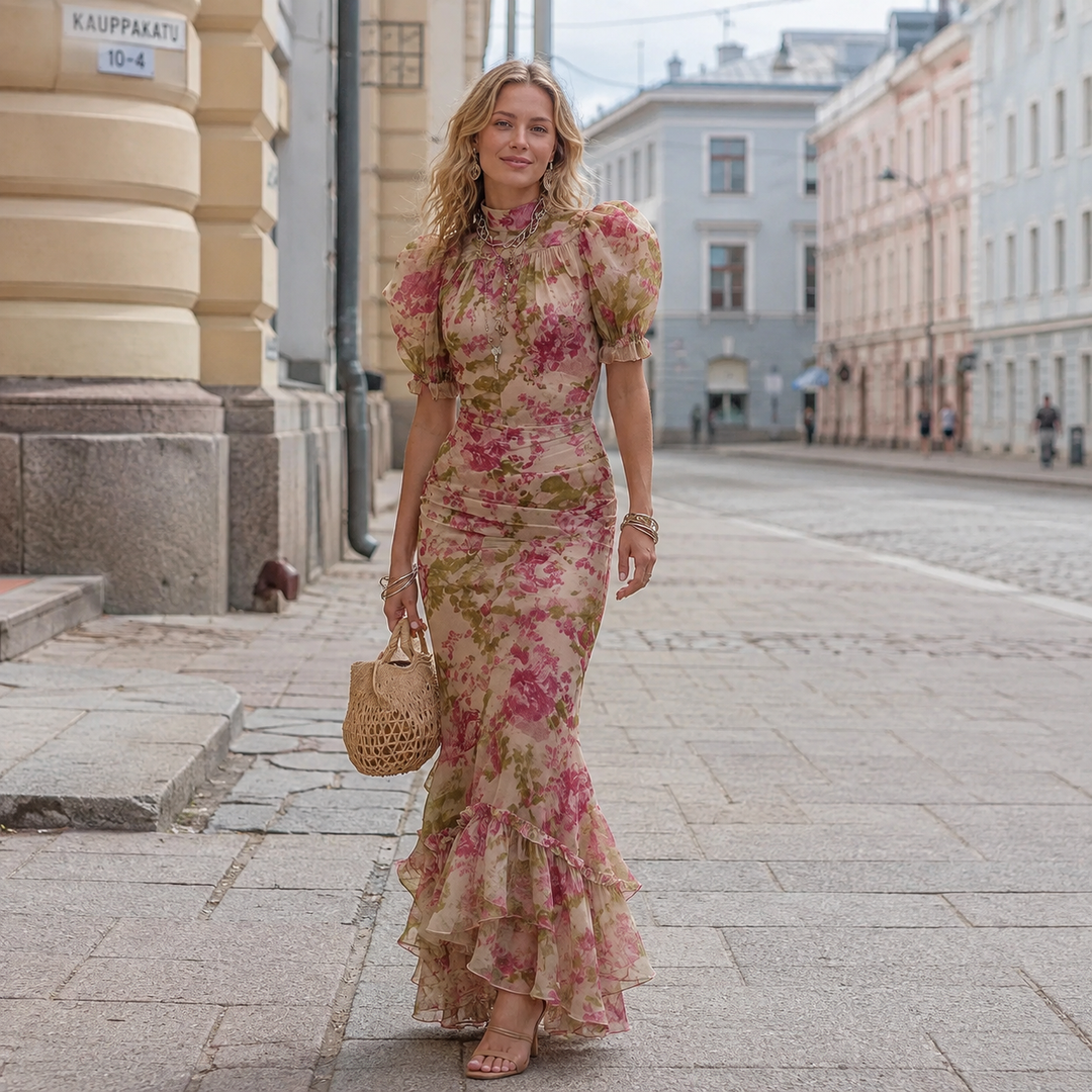 Laura - Fitted Long Dress with Floral Pattern