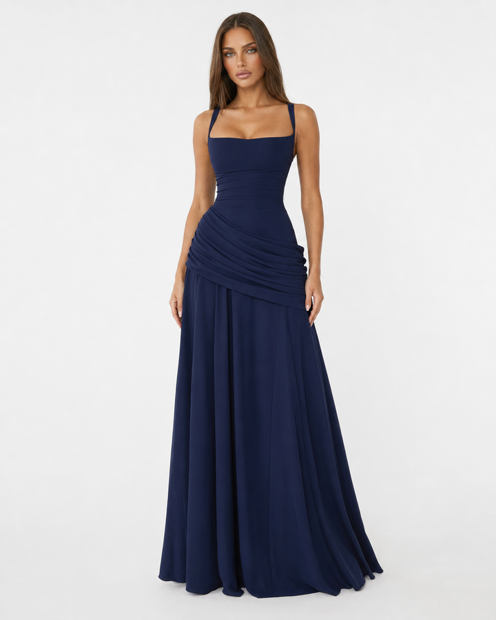 Enni – Pleated Maxi Dress with Square Neckline
