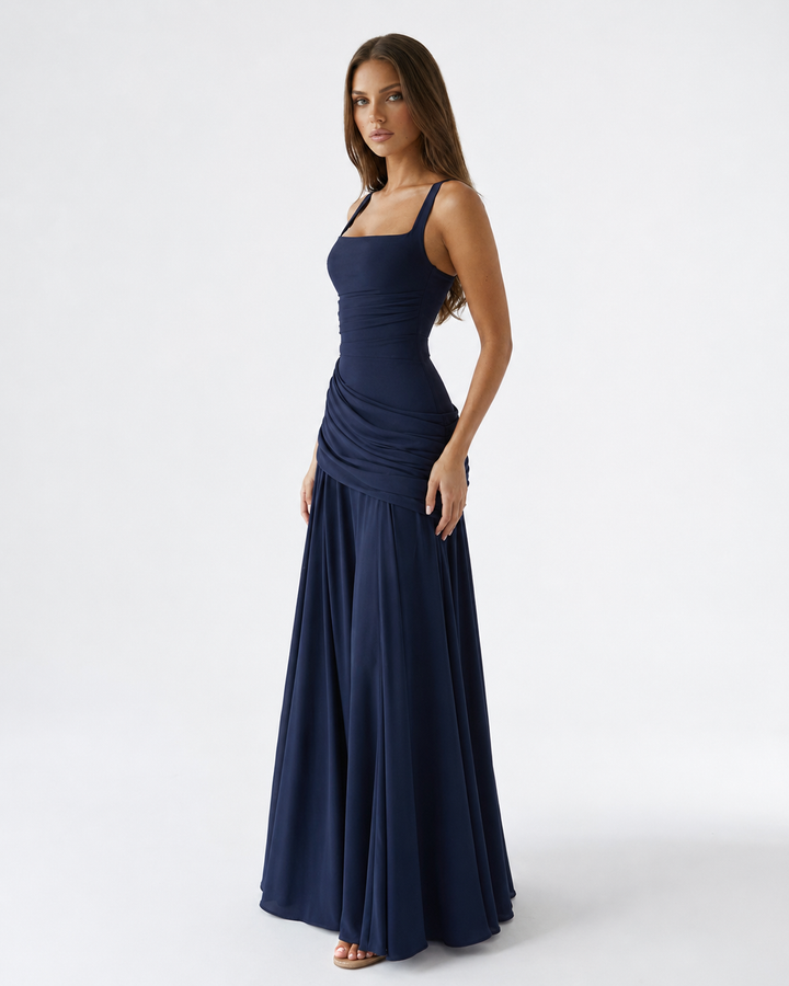Enni – Pleated Maxi Dress with Square Neckline