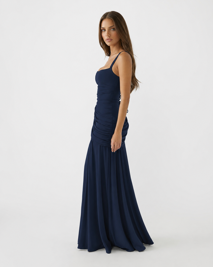 Enni – Pleated Maxi Dress with Square Neckline
