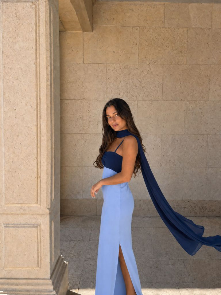 Two-tone draped long dress