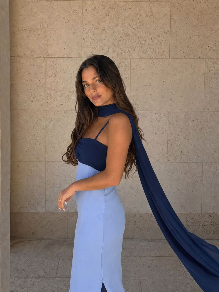Two-tone draped long dress