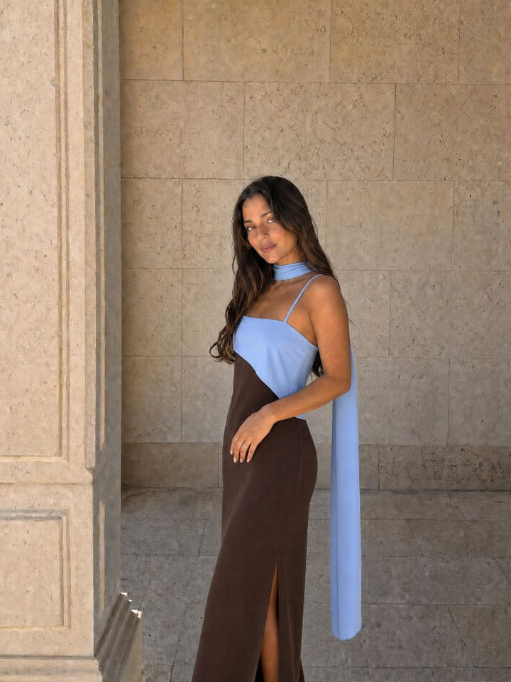 Two-tone draped long dress