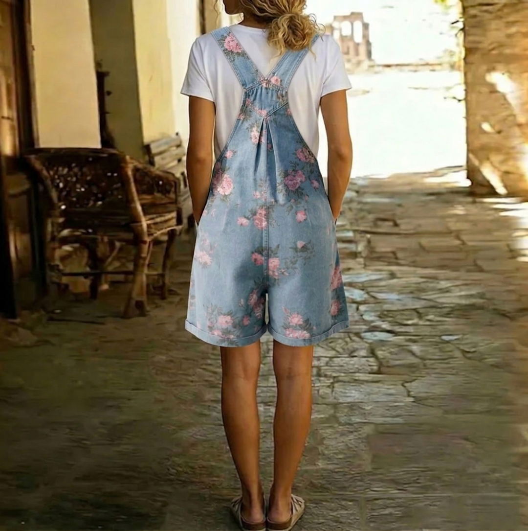 Judy | Vintage-Wash Floral Denim Overalls in Soft Cotton
