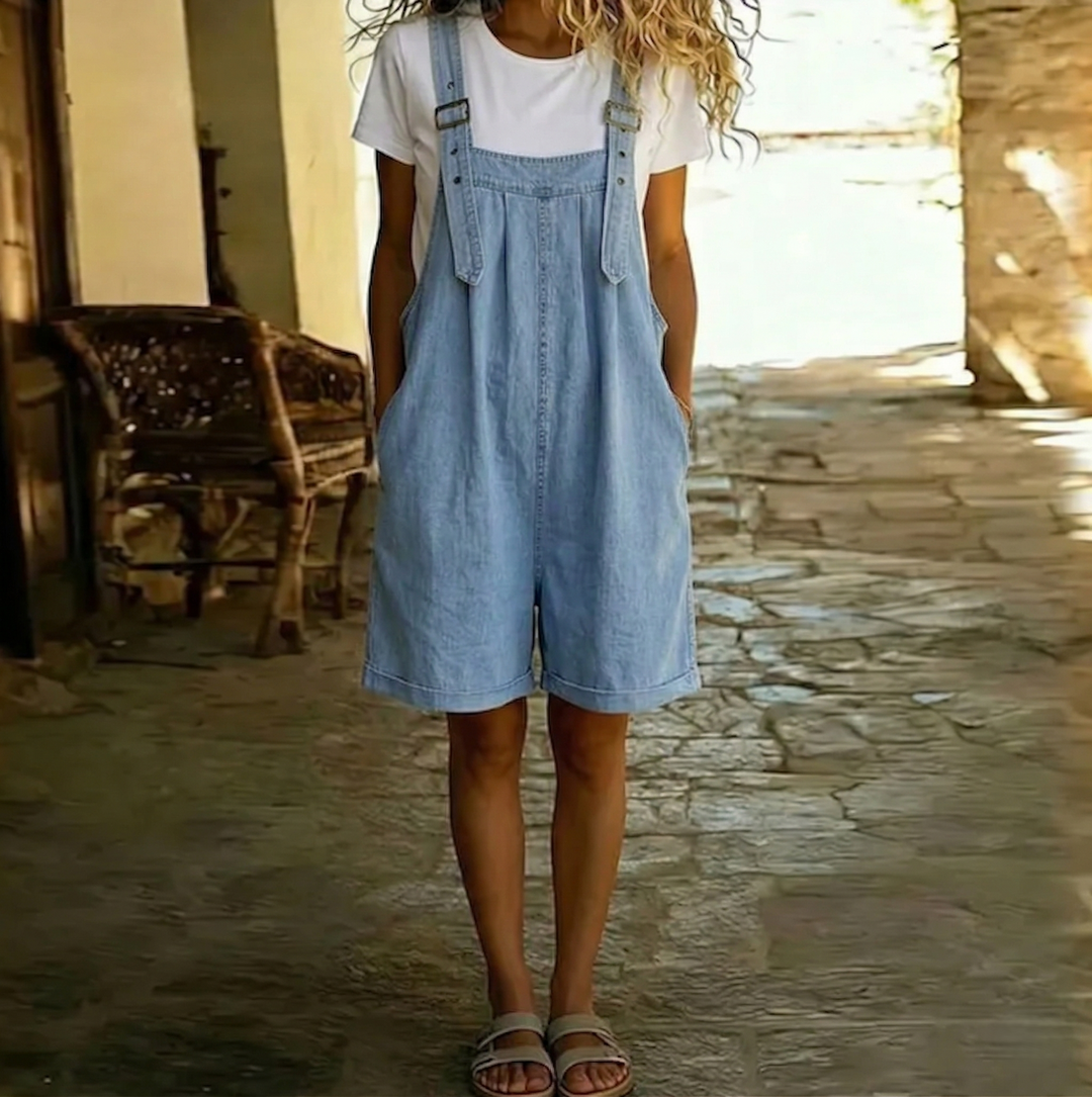 Clara | Vintage Washed Soft Cotton Feel Denim Short Overall - Light Blue