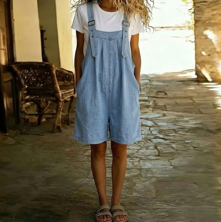 Clara | Vintage Washed Soft Cotton Feel Denim Short Overall - Light Blue