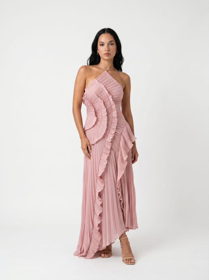 Leonor | Long Pleated Dress with Ruffles