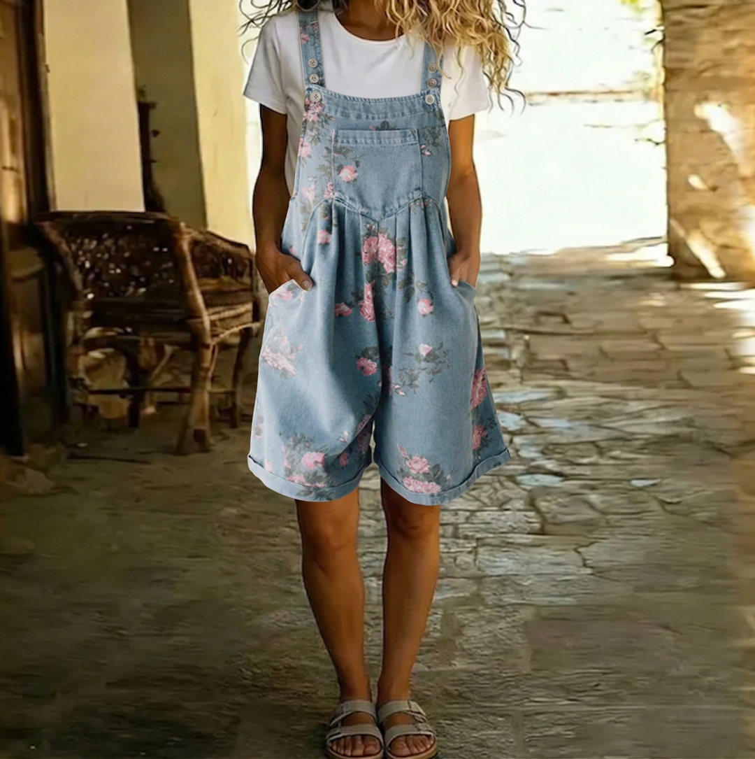 Judy | Vintage-Wash Floral Denim Overalls in Soft Cotton