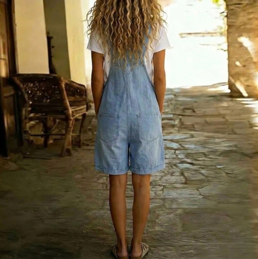Clara | Vintage Washed Soft Cotton Feel Denim Short Overall - Light Blue