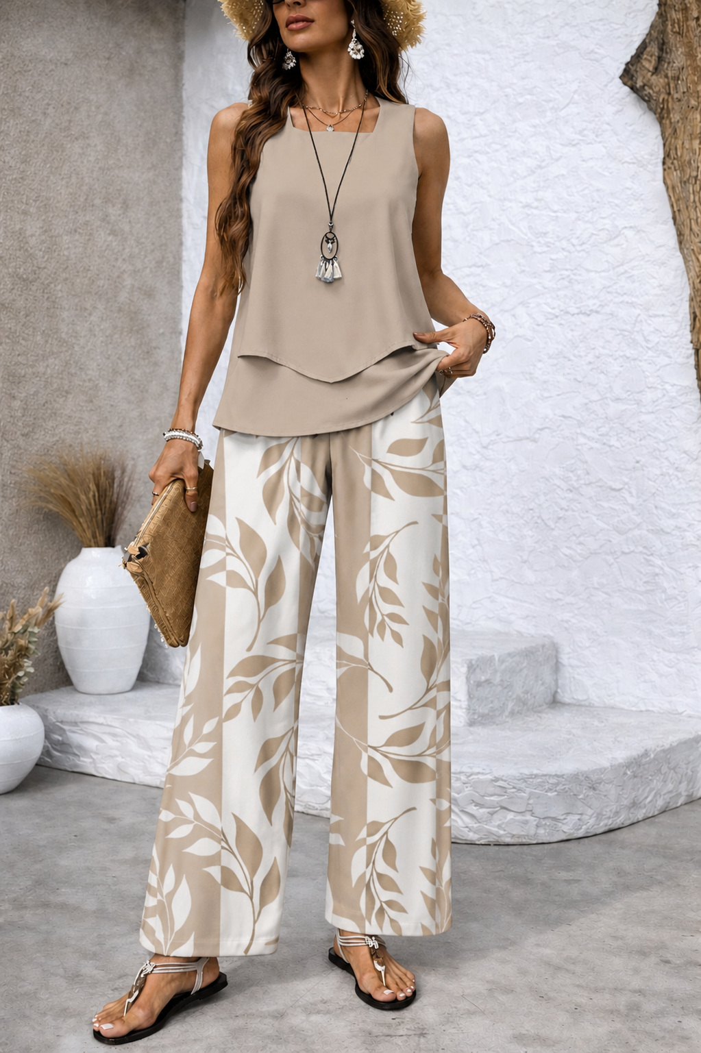 Ernestina™ | Natural Beige Top and Botanical Trousers