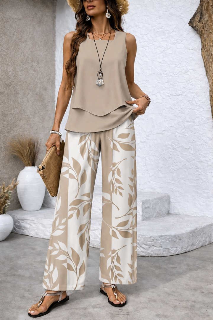 Ernestina™ | Natural Beige Top and Botanical Trousers