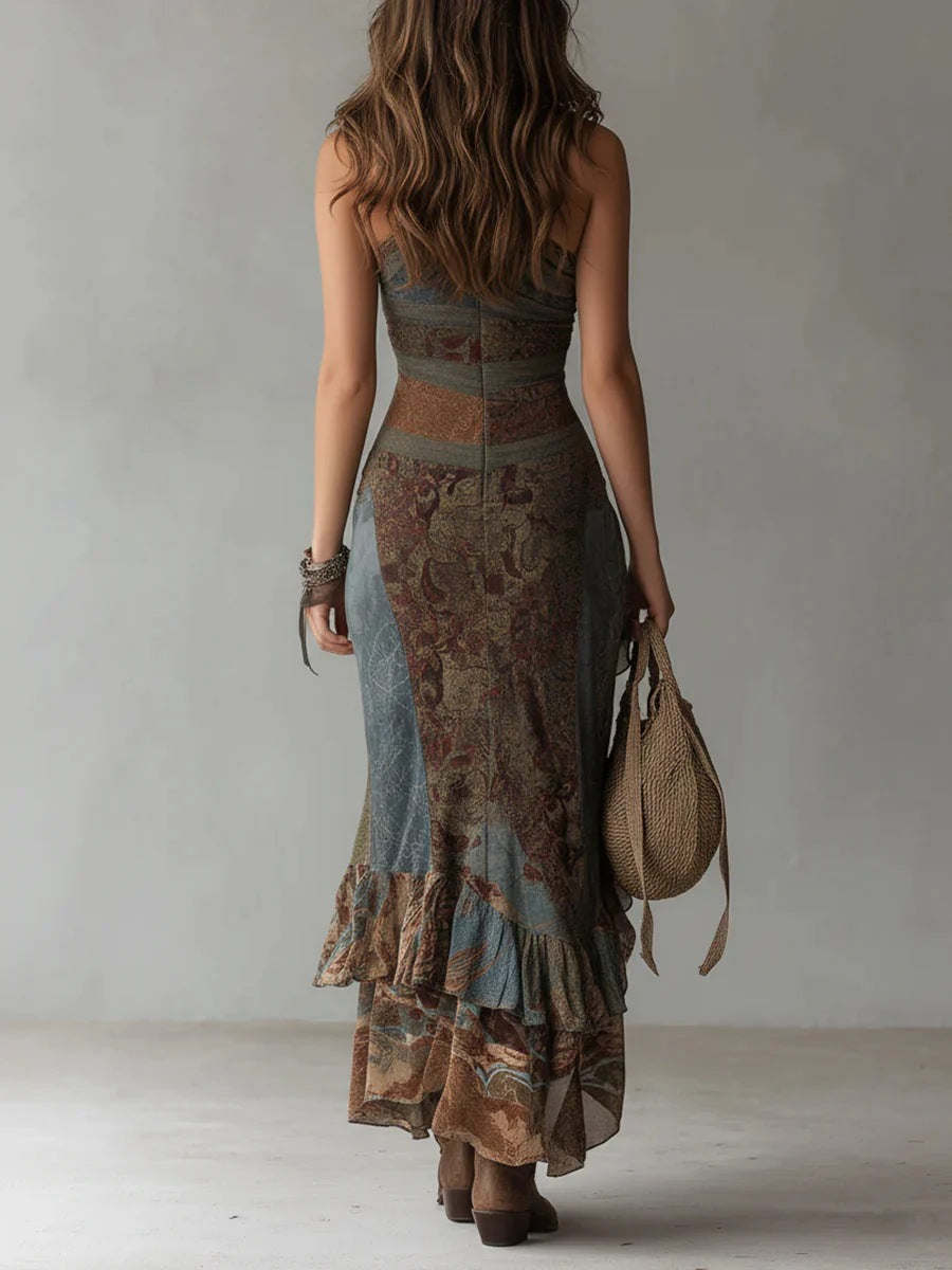Iida - Long Asymmetrical Dress with Pattern