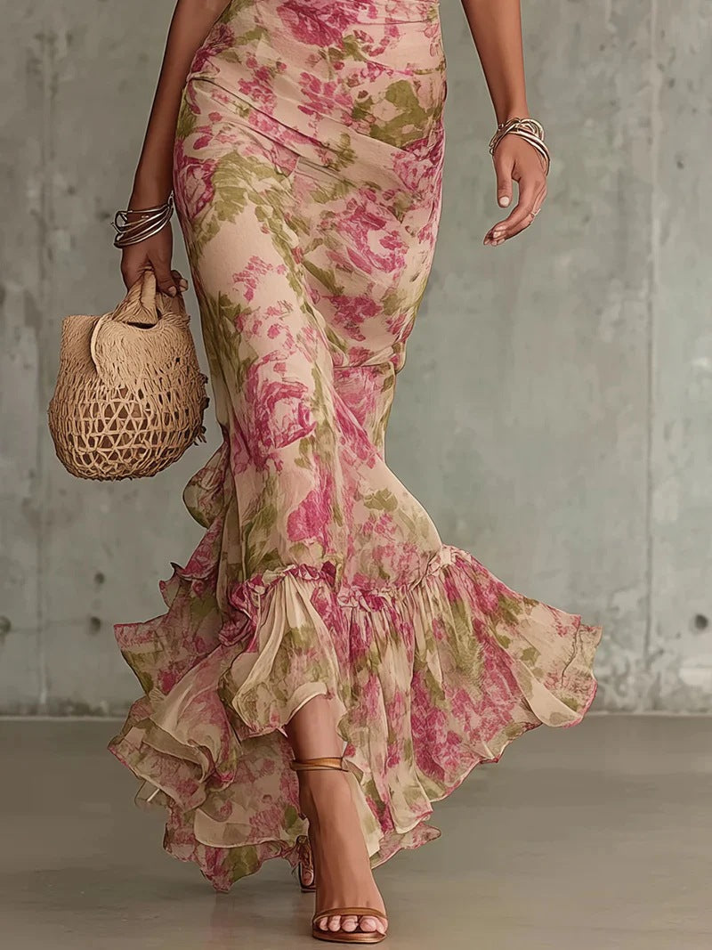 Laura - Fitted Long Dress with Floral Pattern