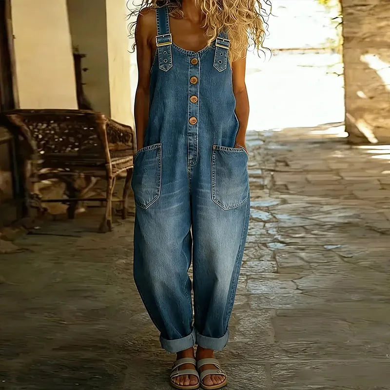 Mae | Vintage Soft Cotton Denim Jumpsuit with Adjustable Straps