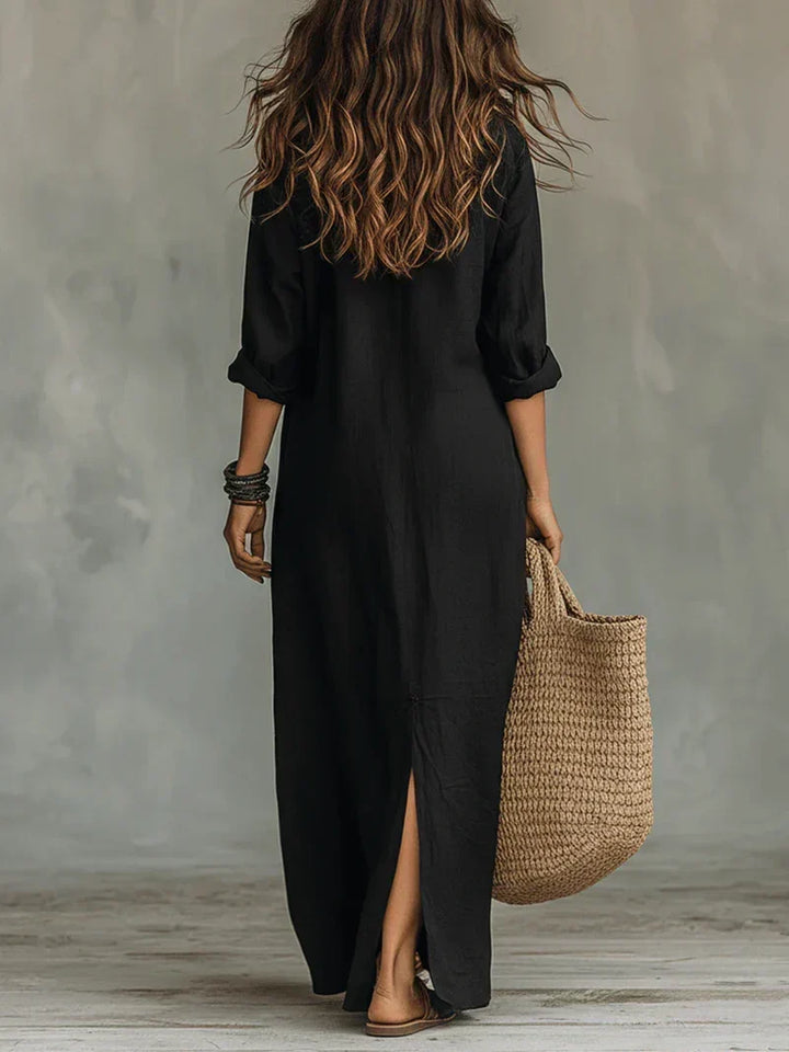 Anni – Loose Black Maxi Dress with Buttons