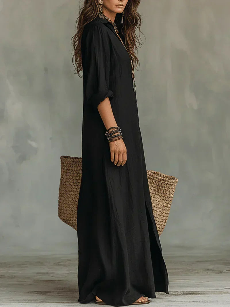 Anni – Loose Black Maxi Dress with Buttons