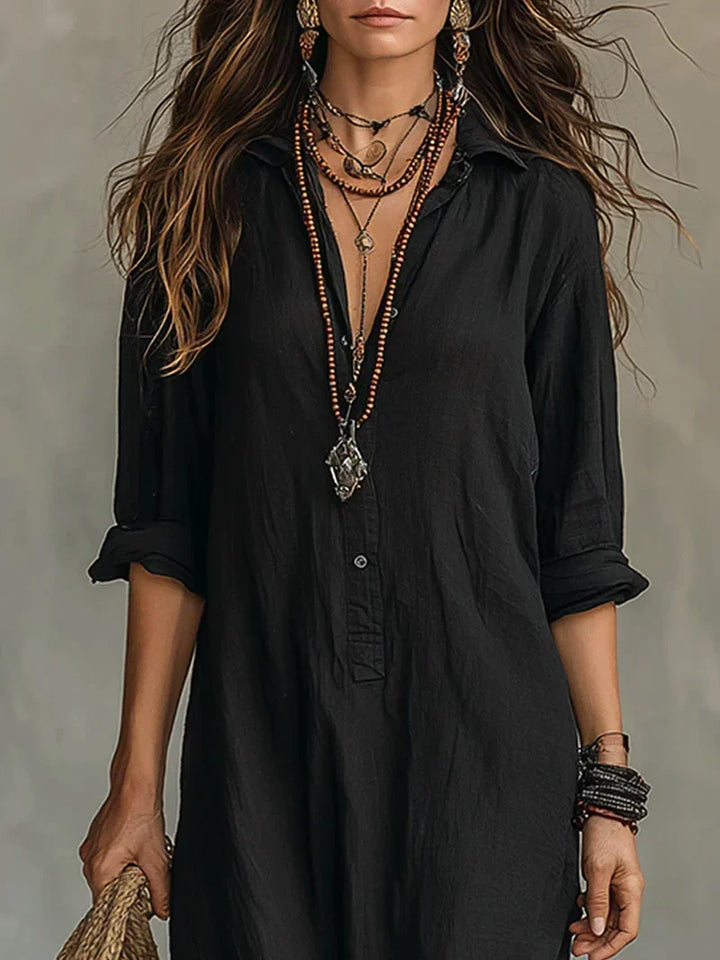 Anni – Loose Black Maxi Dress with Buttons