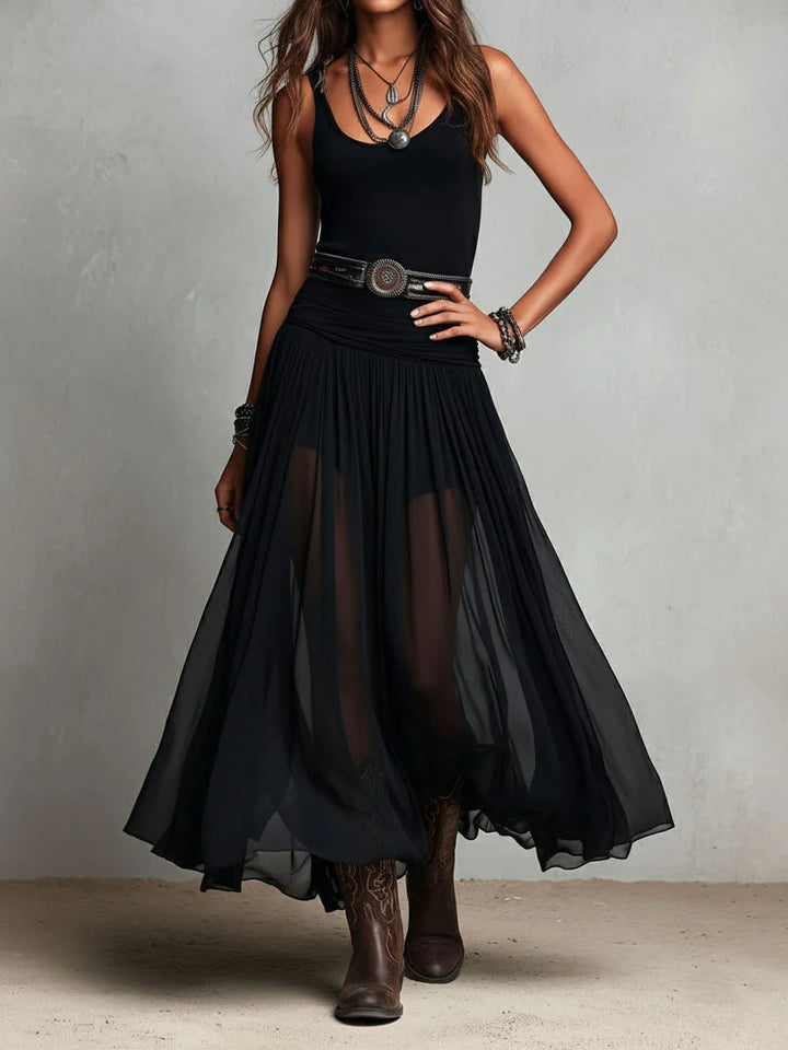 Odetta – Maxi Dress Combining Tulle and Belt