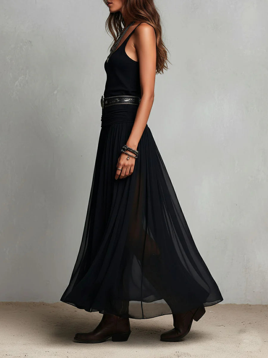 Odetta – Maxi Dress Combining Tulle and Belt