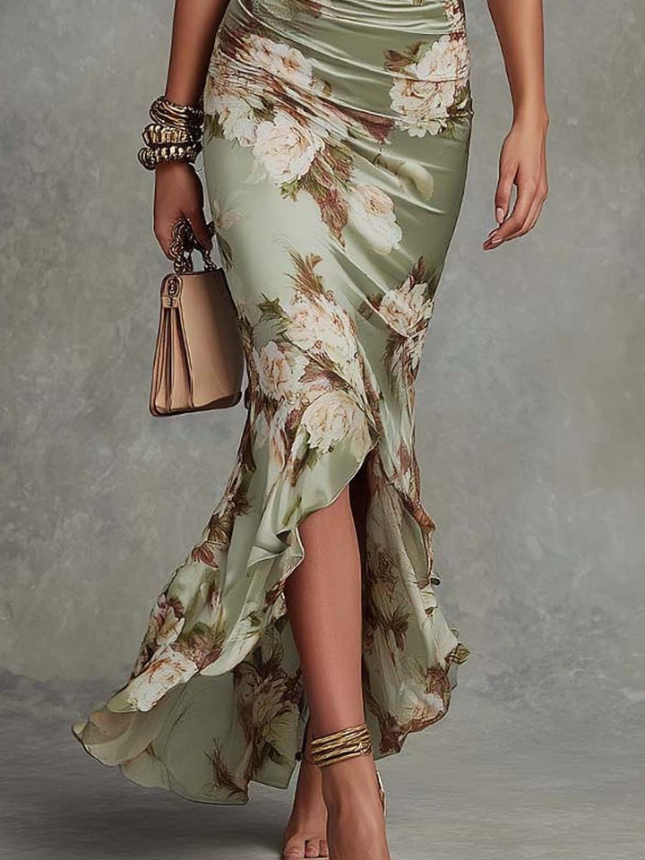 Ritva - Long Satin Dress with Floral Pattern