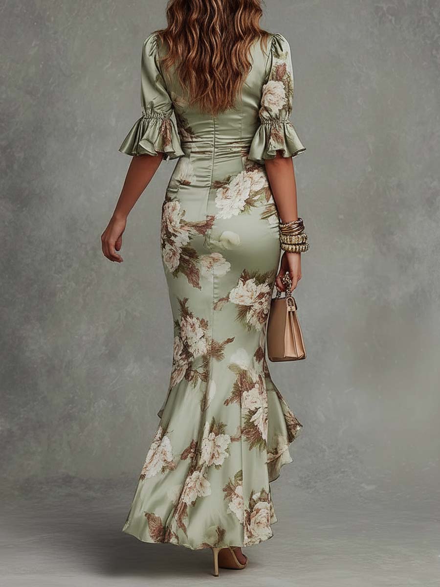 Ritva - Long Satin Dress with Floral Pattern