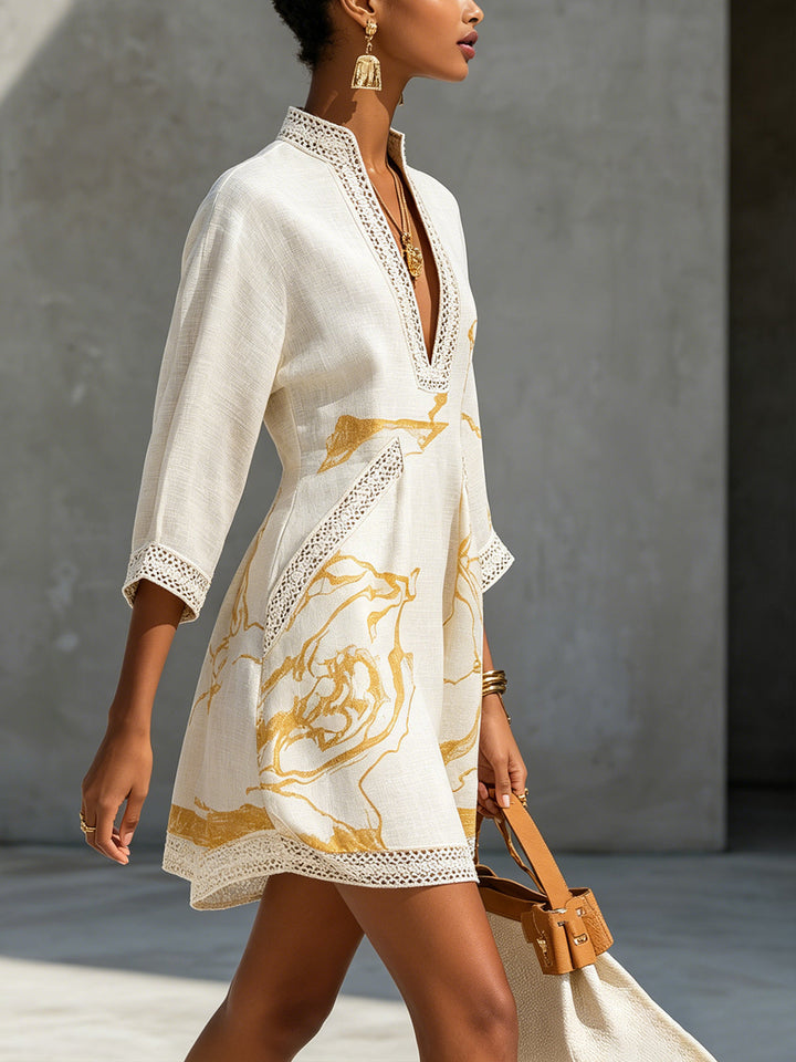 Aliénor – Short Crocheted Lace Dress with V-Neck