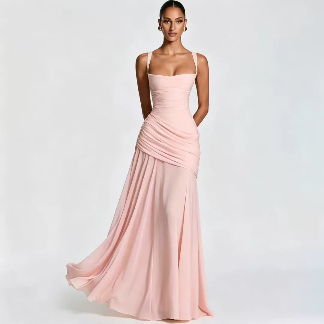 Enni – Pleated Maxi Dress with Square Neckline