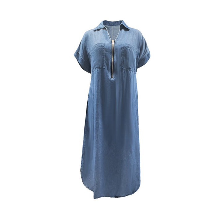 Denim Maxi Dress with V-Neck and Zip Detail